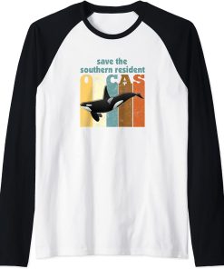 Save the Southern Resident Orcas Orca Vintage Retro Raglan Baseball Tee