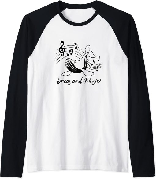 Orcas and Music Notes Clef Musician Whale Raglan Baseball Tee