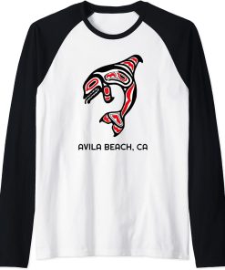 Avila Beach, California Native American Orca Killer Whales Raglan Baseball Tee