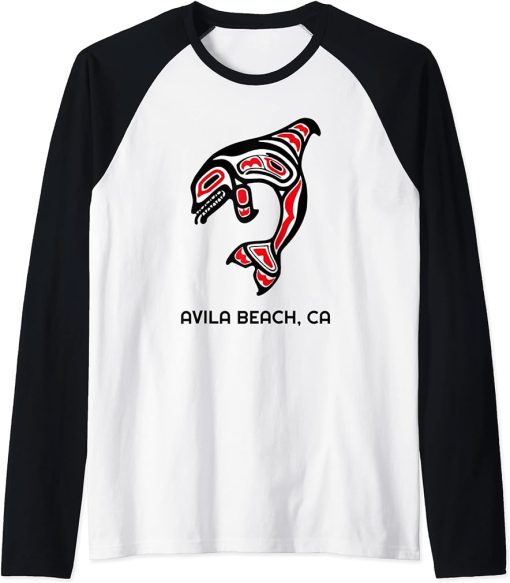 Avila Beach, California Native American Orca Killer Whales Raglan Baseball Tee