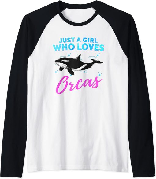 Just A Girl Who Loves Orcas Watercolor Orca Whale Art Raglan Baseball Tee