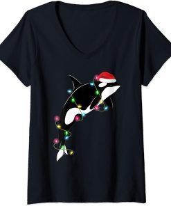 Womens Funny Orca Killer Whale Santa Hat Christmas Sea Animals V-Neck T-Shirt