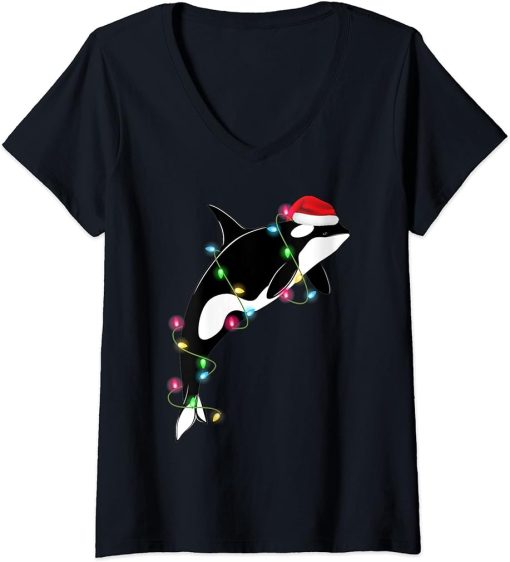 Womens Funny Orca Killer Whale Santa Hat Christmas Sea Animals V-Neck T-Shirt