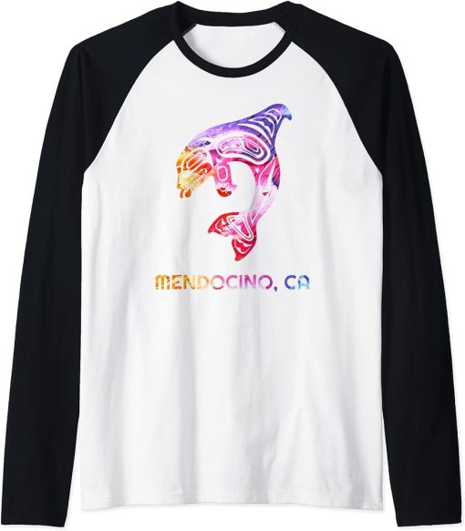 Tribal Mendocino CA Orca Killer Whale Native American Raglan Baseball Tee