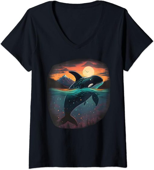 Womens Colourful mystical orca whale watching dolphin pottwhale orca whale V-Neck T-Shirt